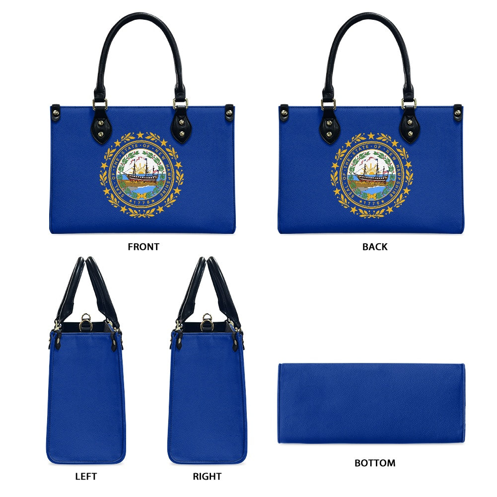 [Brand] blue handbag with New Hampshire state emblem design.
