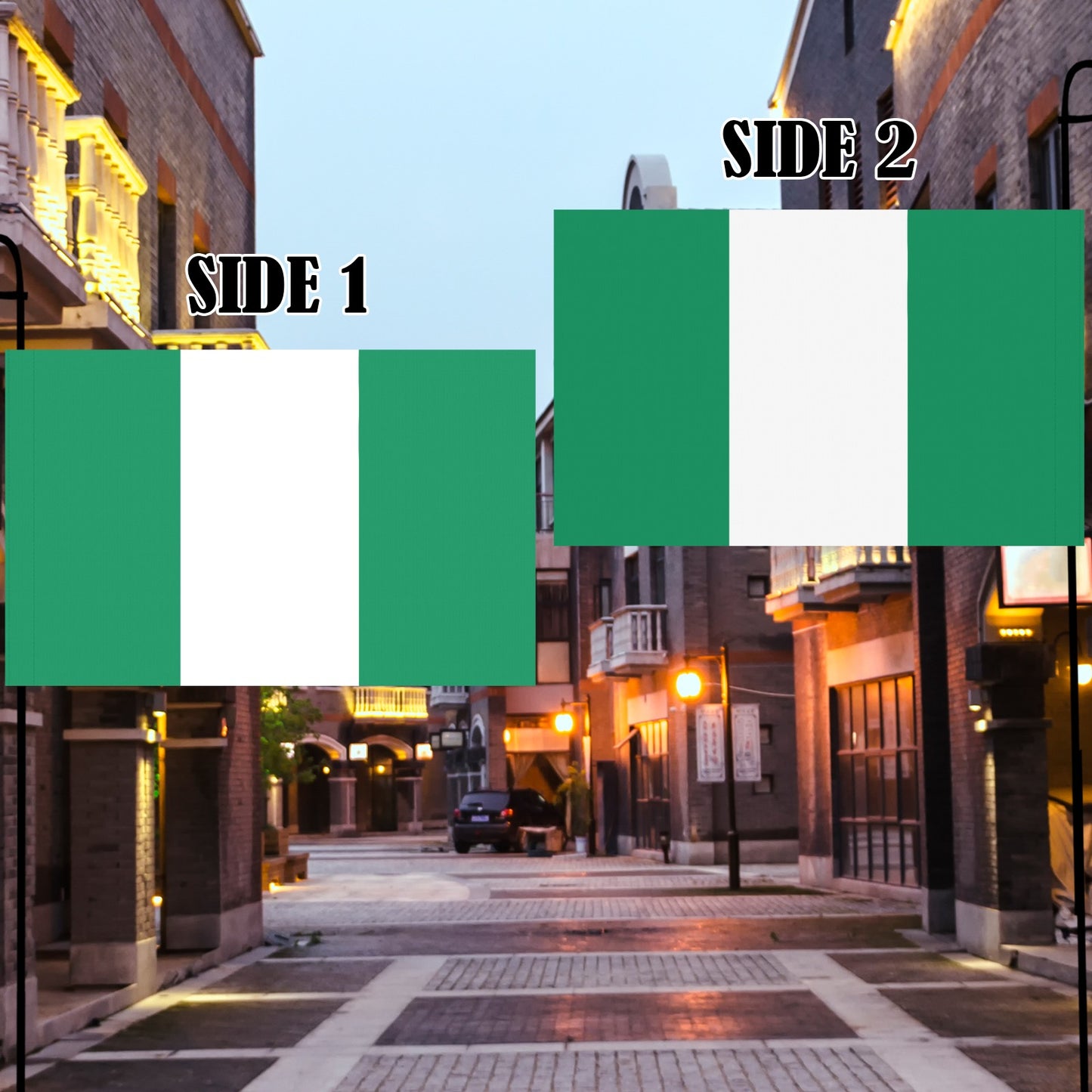 [Luv My Flag] shows Nigerian flag displayed on street banners.