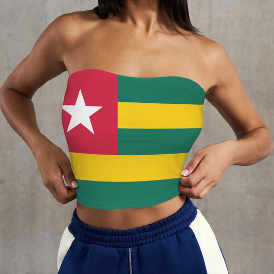 Woman wears [Brand] Togo flag top, navy blue pants.