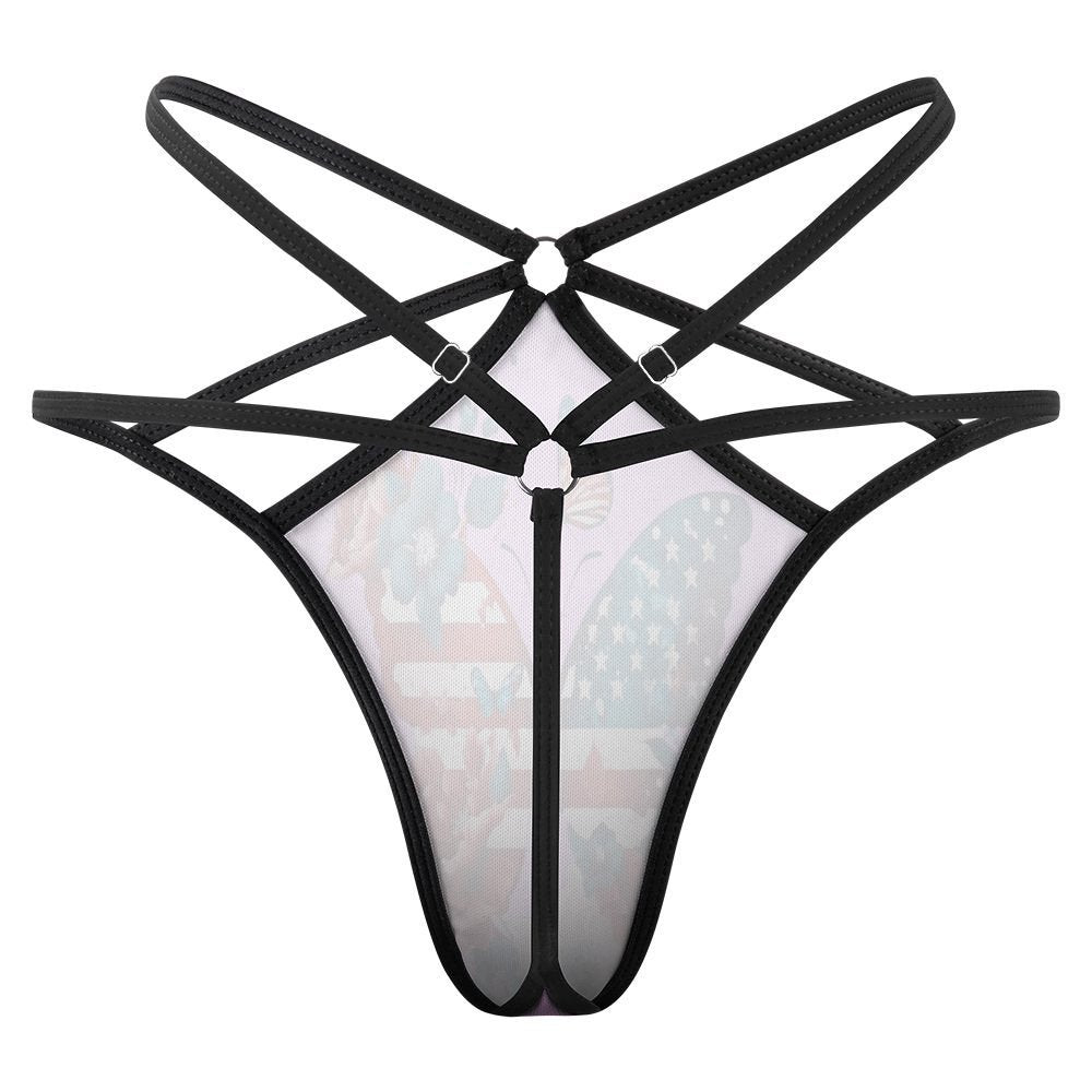 Black strappy [Brand] lingerie against a patriotic patterned background.