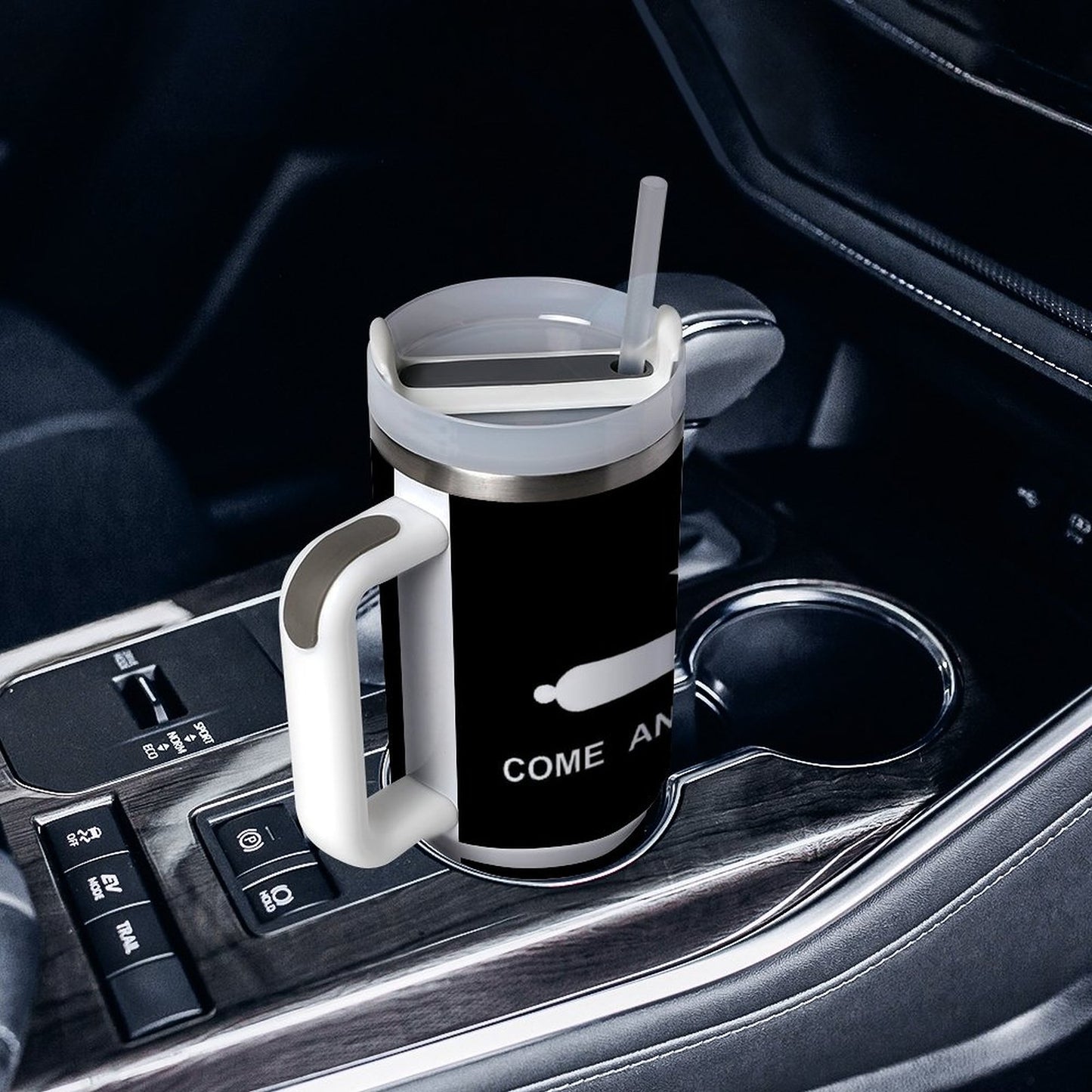 [Brand] travel mug in a car cup holder, black design.