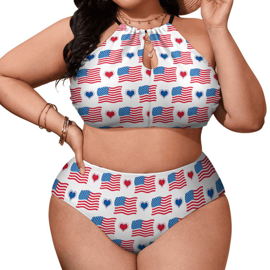 USA/American Flag Inspired Flags and Hearts Pattern Plus Size High Waisted Bikini