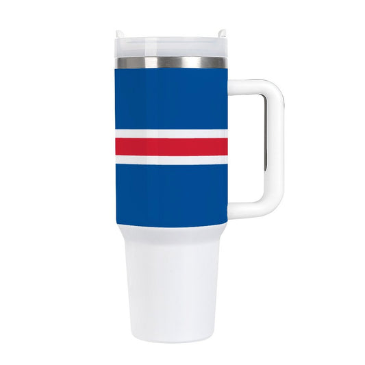 [Brand] travel mug with blue, white, red stripe design.