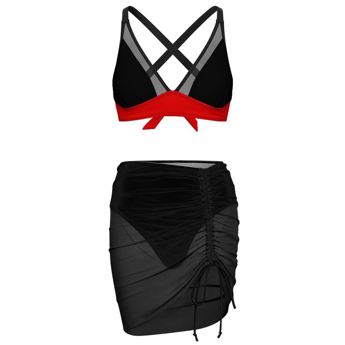 Thin Red Line Flag Inspired Women's Mesh Drawstring Skirt and Swimsuit Set