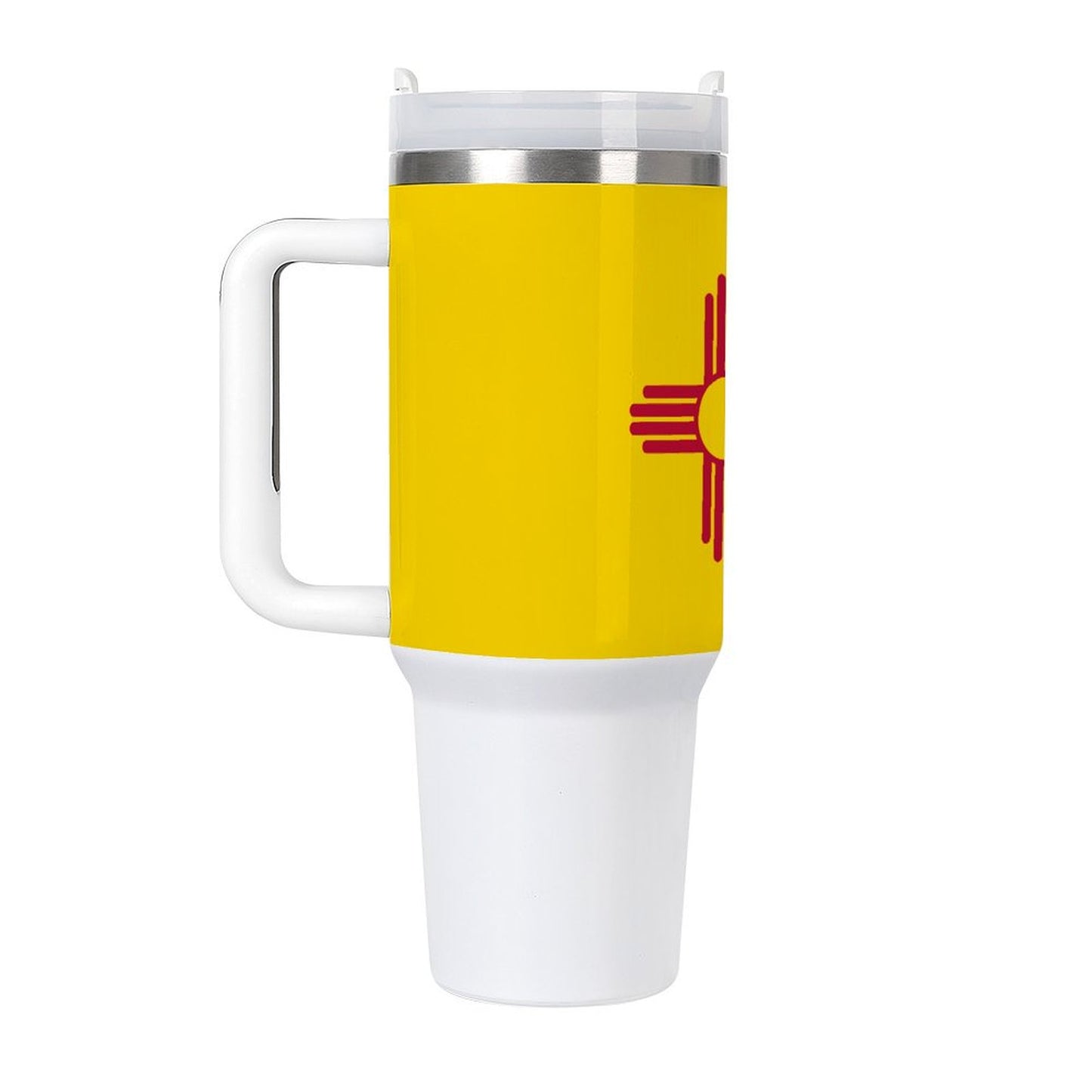 [Brand] yellow travel mug featuring New Mexico Zia symbol.