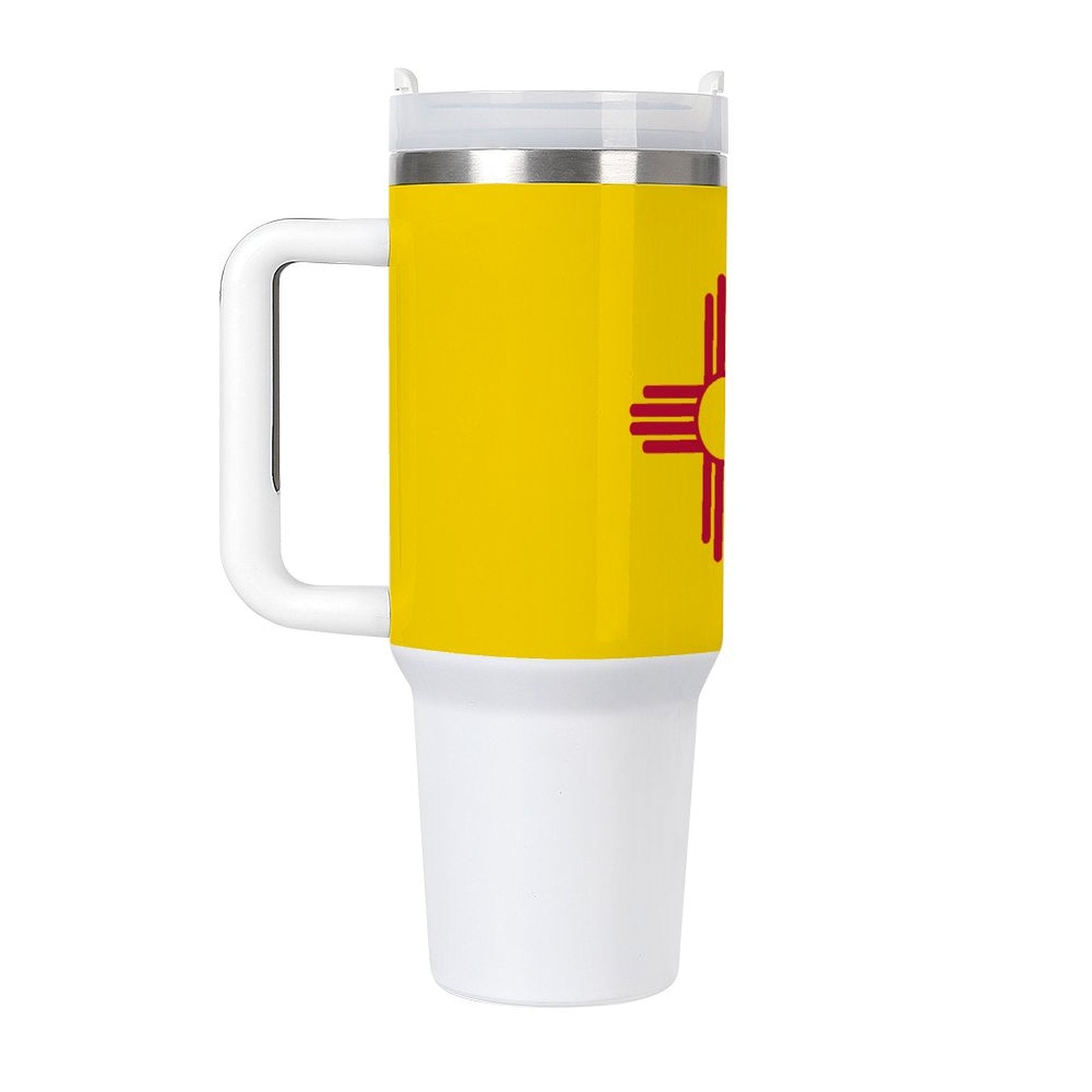 [Brand] yellow travel mug featuring New Mexico Zia symbol.