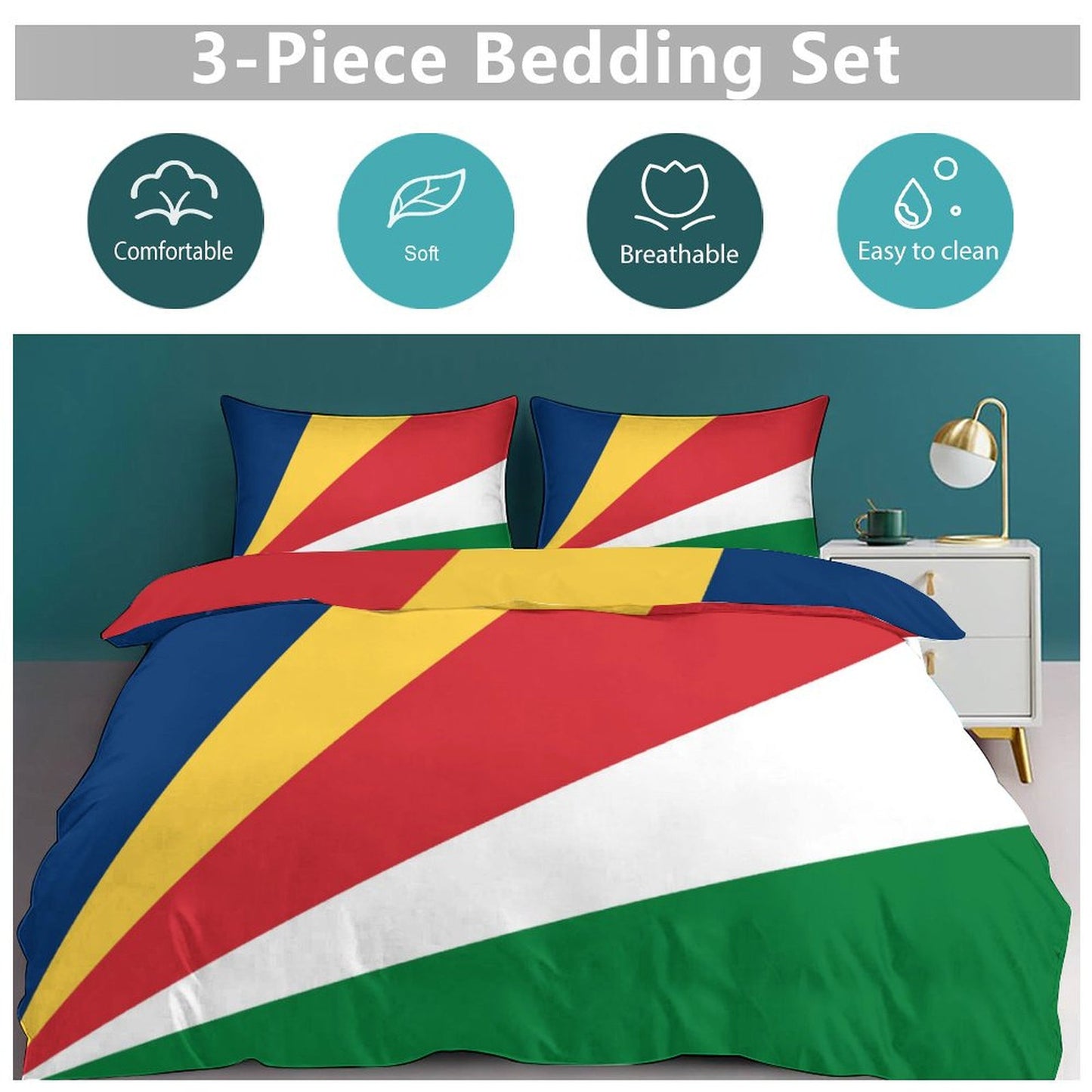 Seychelles Flag Inspired 3-Piece Bedding Set (1 Duvet Cover + 2 Pillow Shams) – 102"×90"
