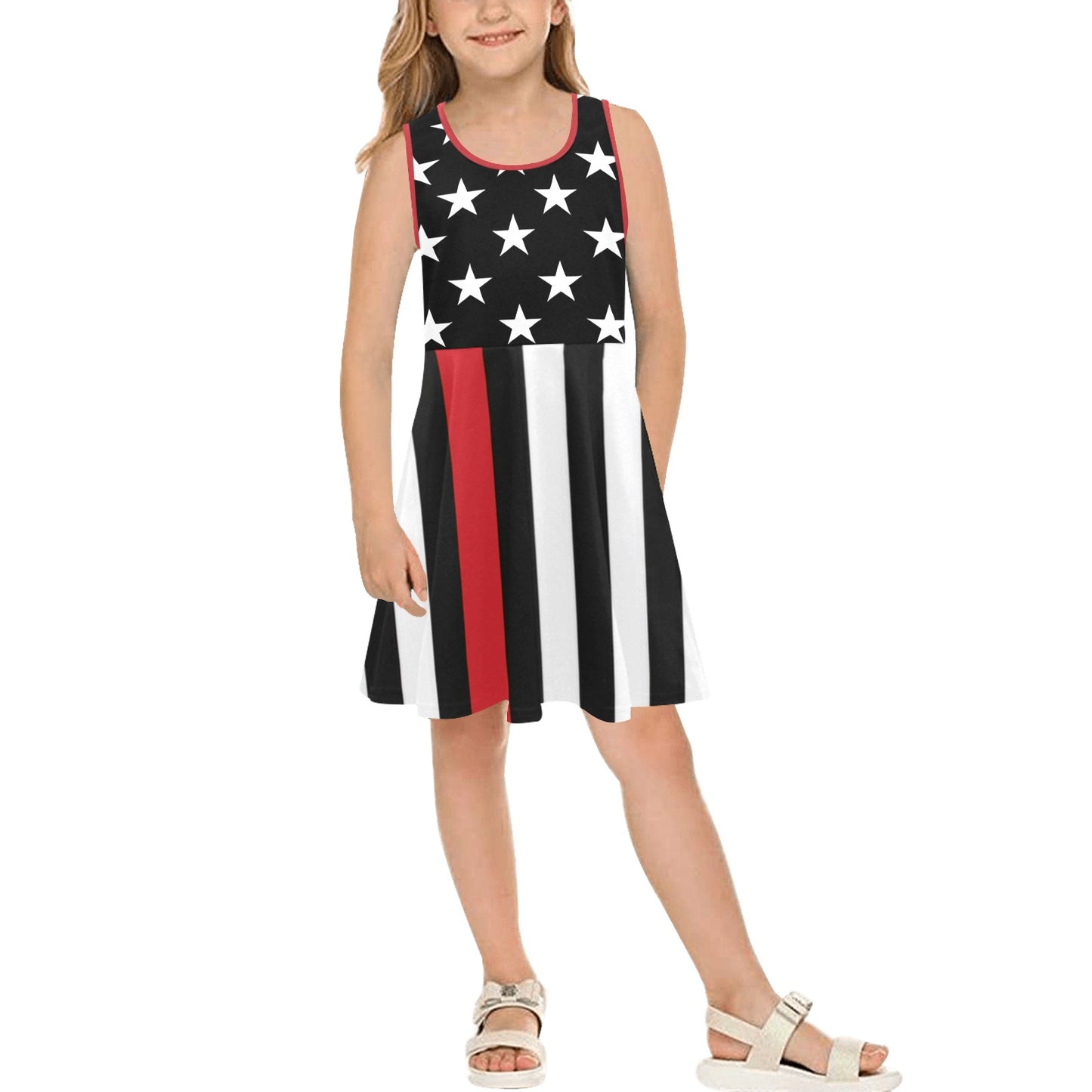 Thin Red Line Flag Inspired Girls' Sleeveless Sundress | Ships from USA