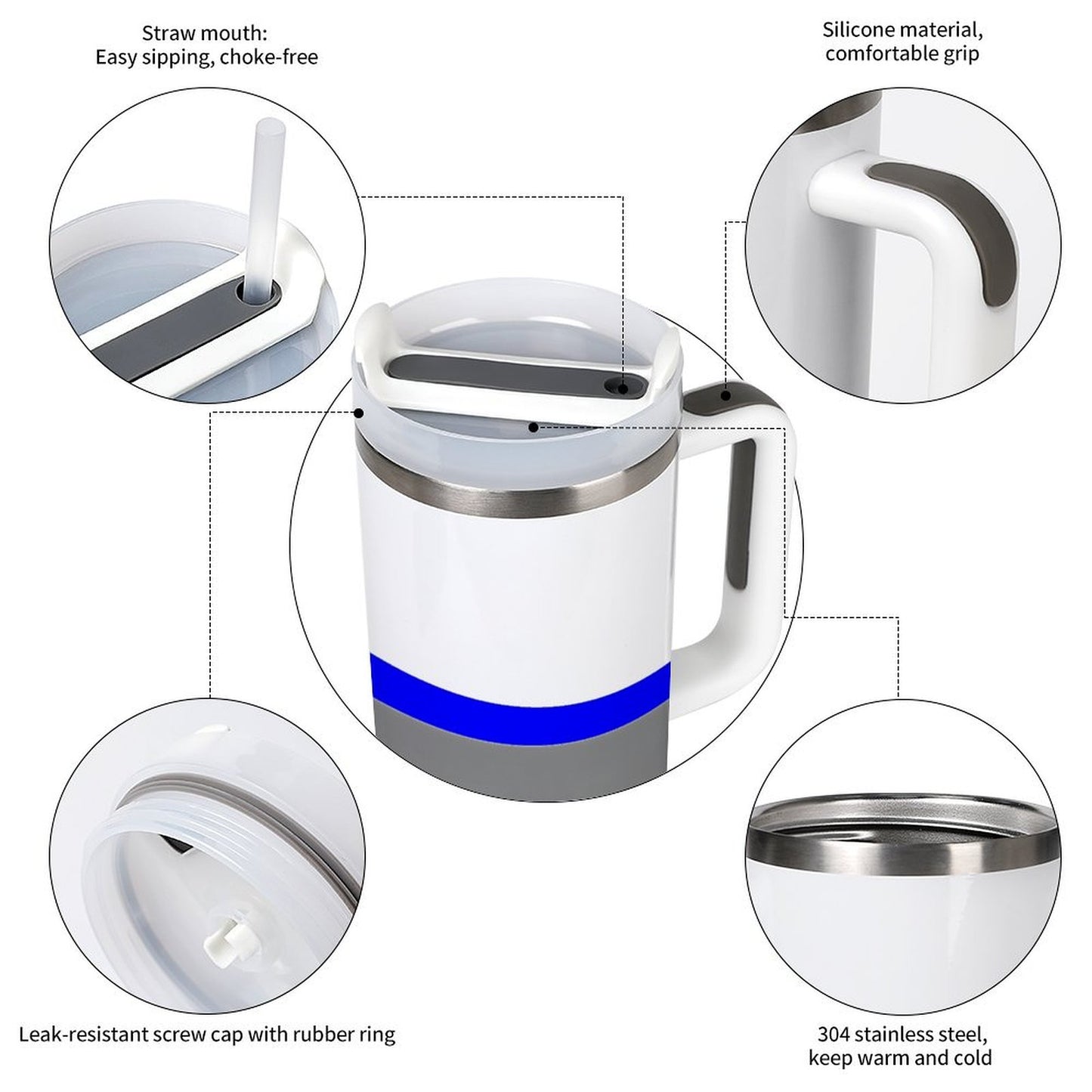 [Brand] mug with leak-resistant cap and comfortable silicone grip.