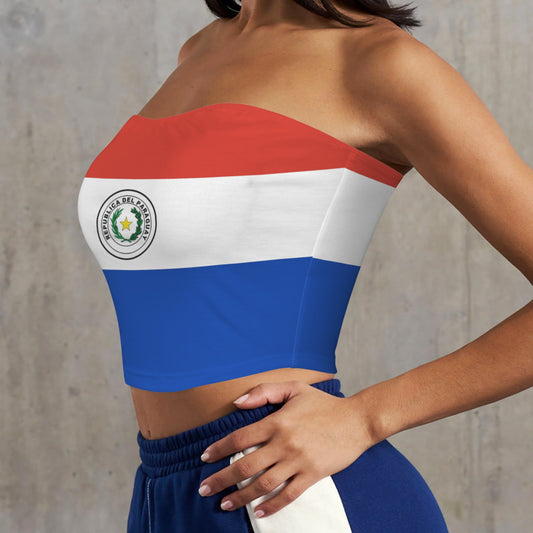 “[Brand] Paraguay flag crop top with blue sweatpants, modeled.”