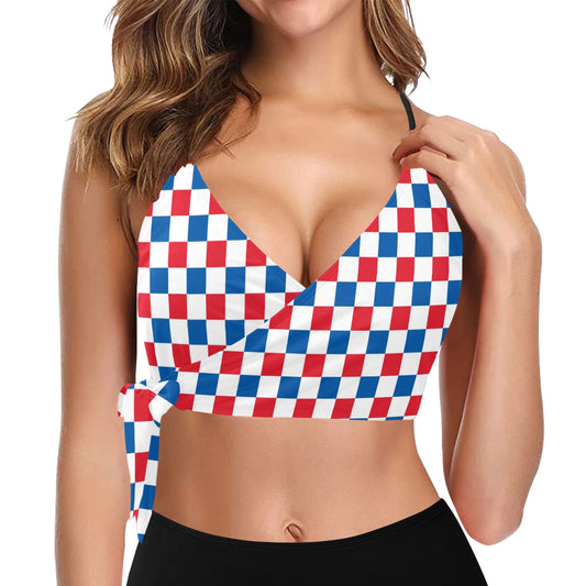 USA/American Flag Inspired Checkered Pattern Knot Side Bikini Top