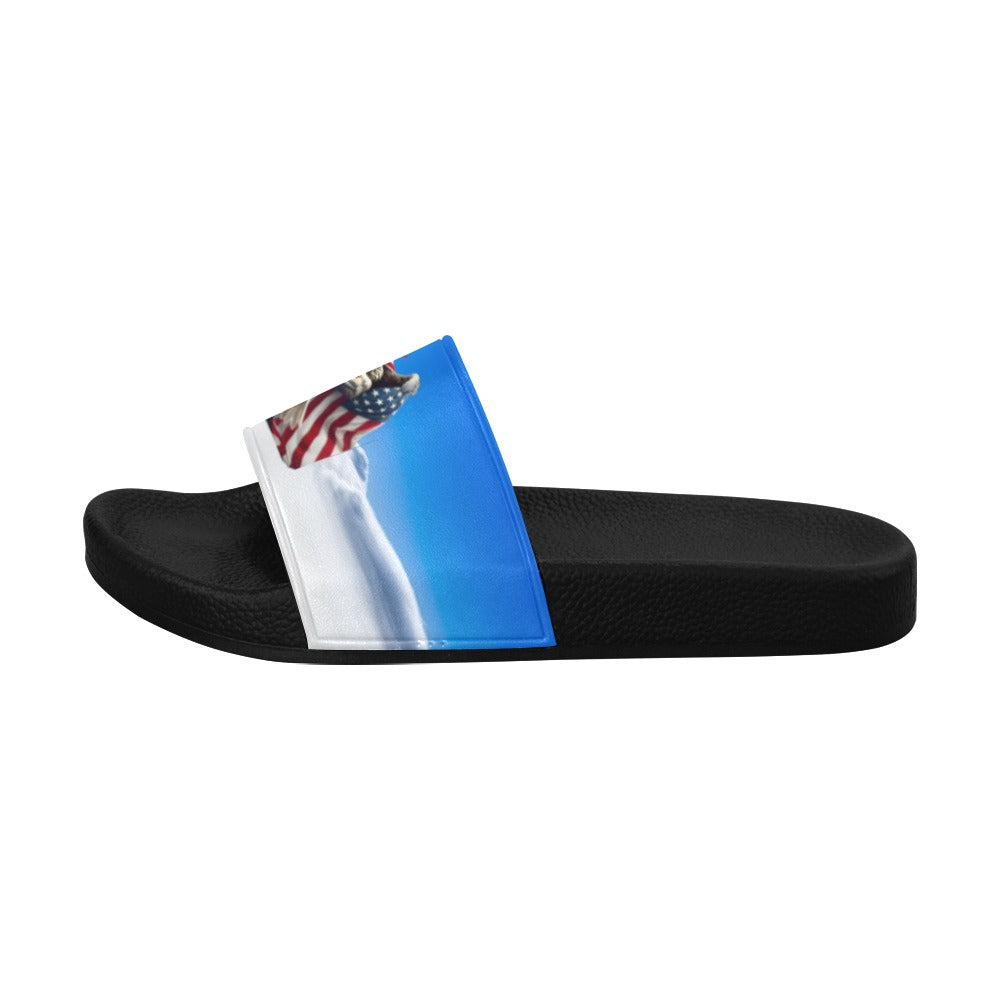 USA/American Flag Inspired Eagle with Cape in Clouds Women's Slide Sandals