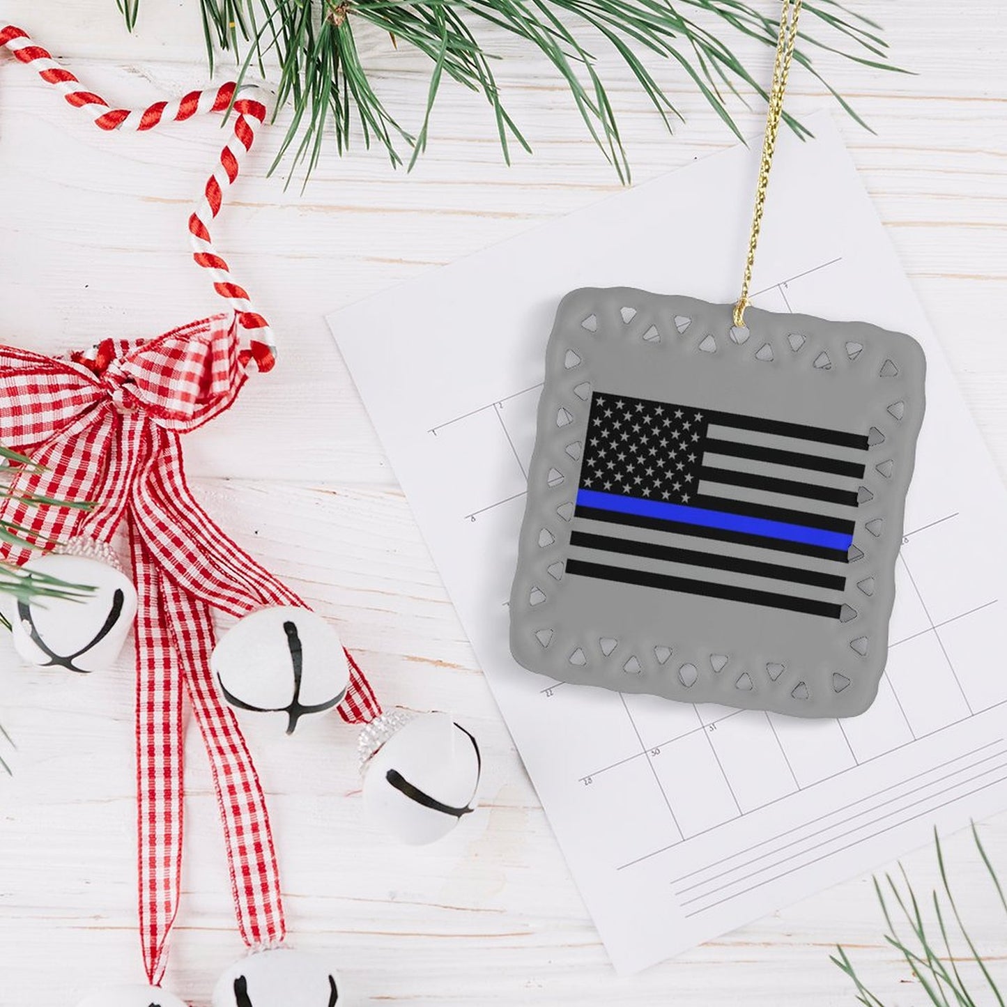 Thin Blue Line Flag Inspired (Subdued) Square Ceramic Ornament (Made in the USA)