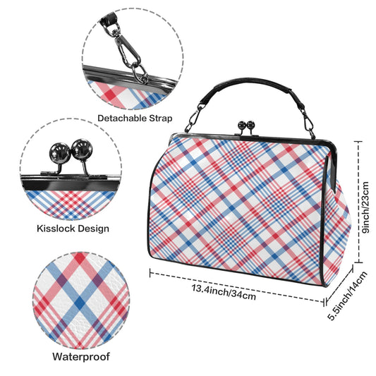 USA/American Flag Inspired Plaid Pattern Kisslock Crossbody Shoulder Bag-Large