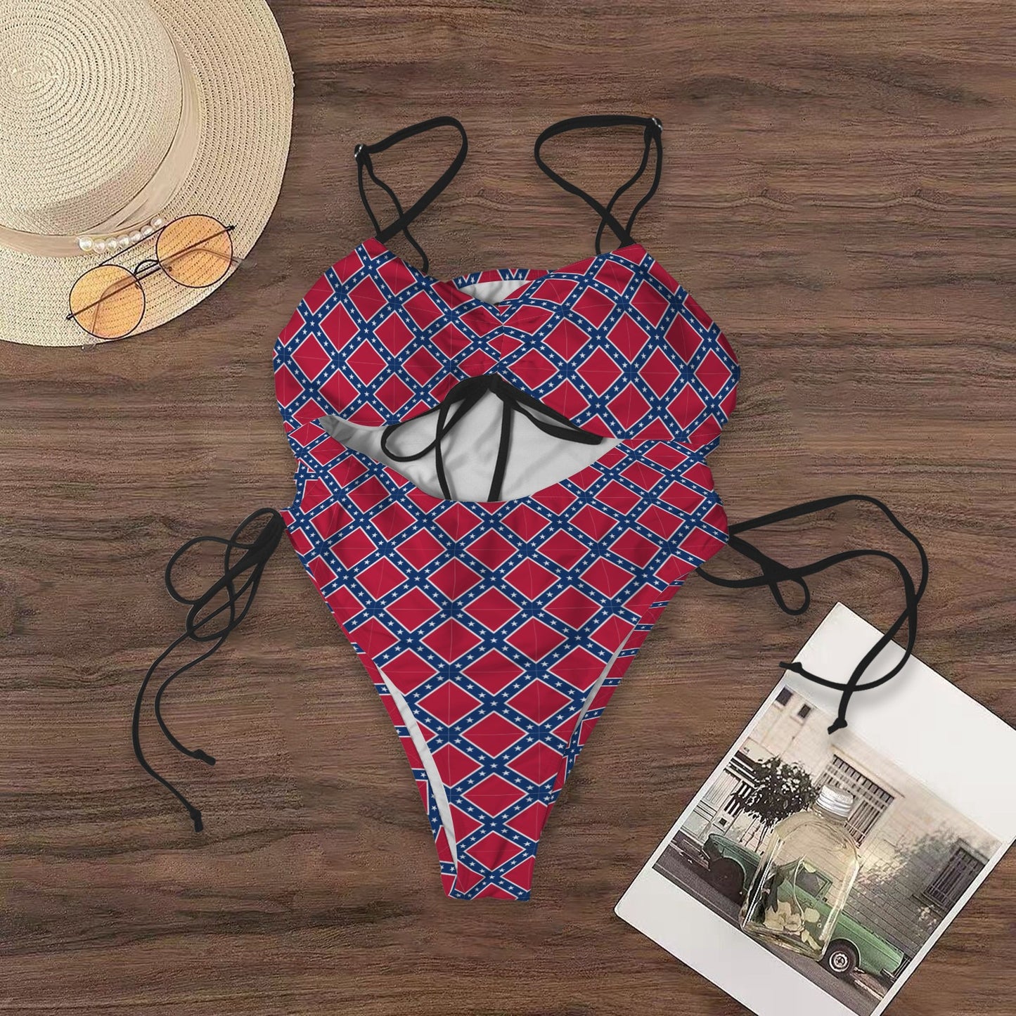 Confederate Battle Flag Pattern Women's Drawstring Cutout One Piece Swimsuit