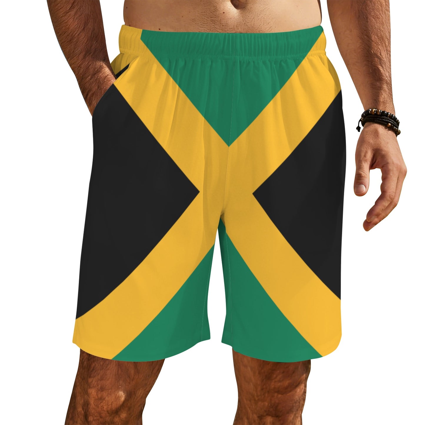 Jamaica Flag Inspired Men’s Draw String Pocket Beach Shorts Printed in the USA