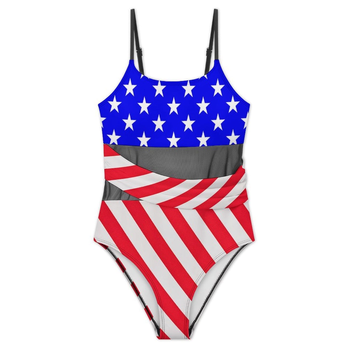 USA/American Flag Inspired Women's Square Neck Mesh Spliced One Piece Swimsuit