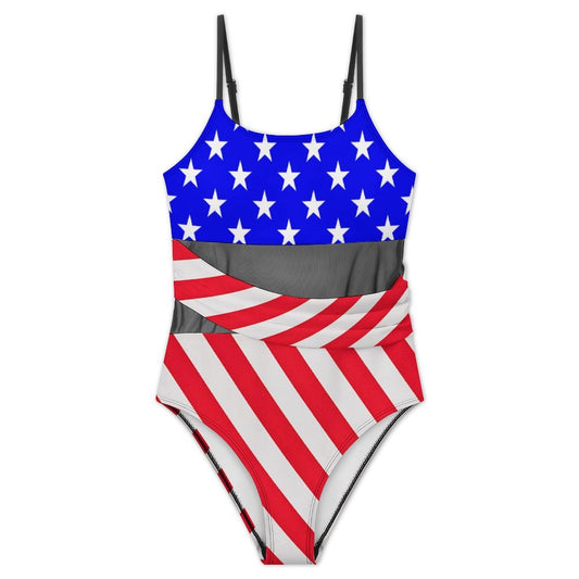 USA/American Flag Inspired Women's Square Neck Mesh Spliced One Piece Swimsuit