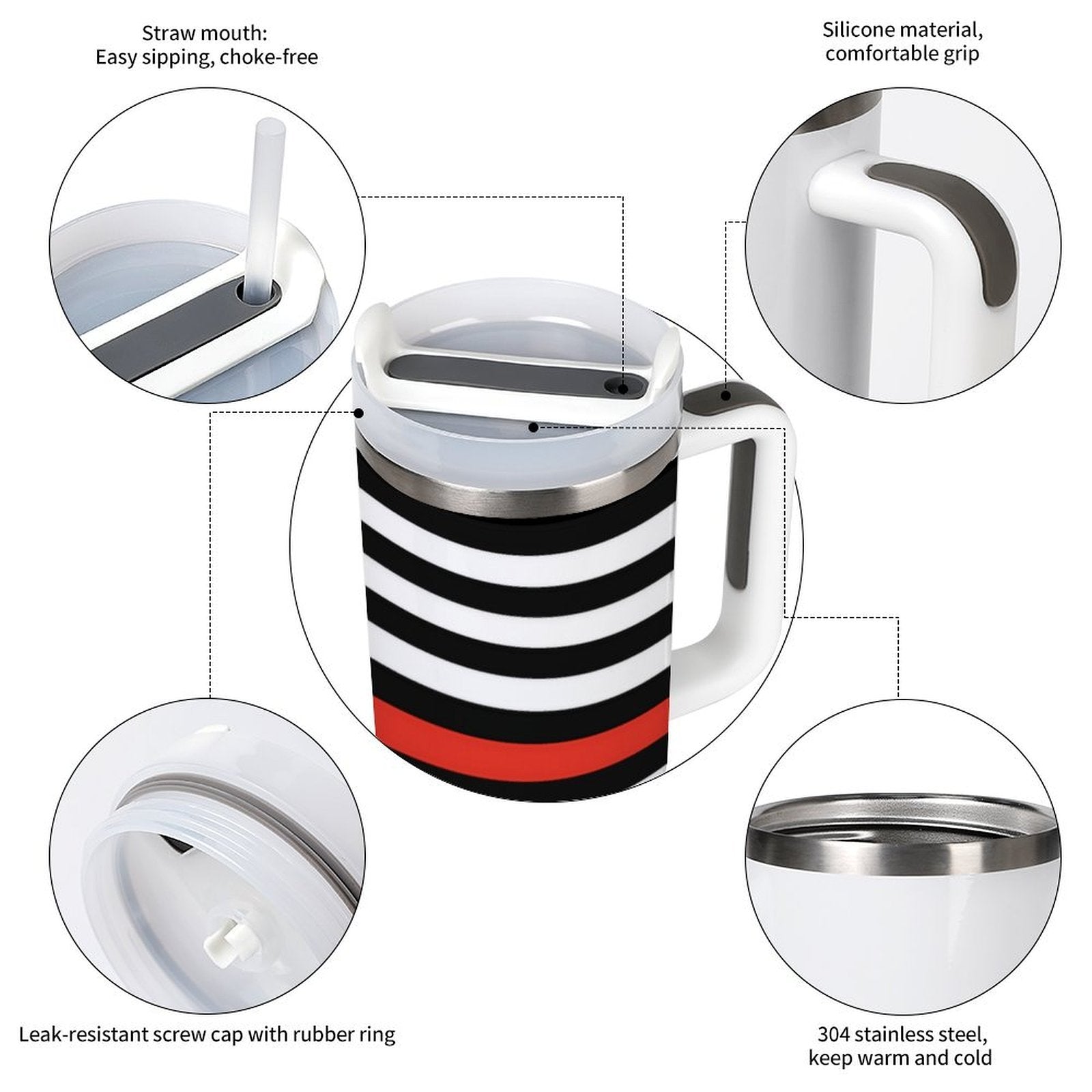 [Brand] mug with striped design, leak-resistant lid, silicone grip.