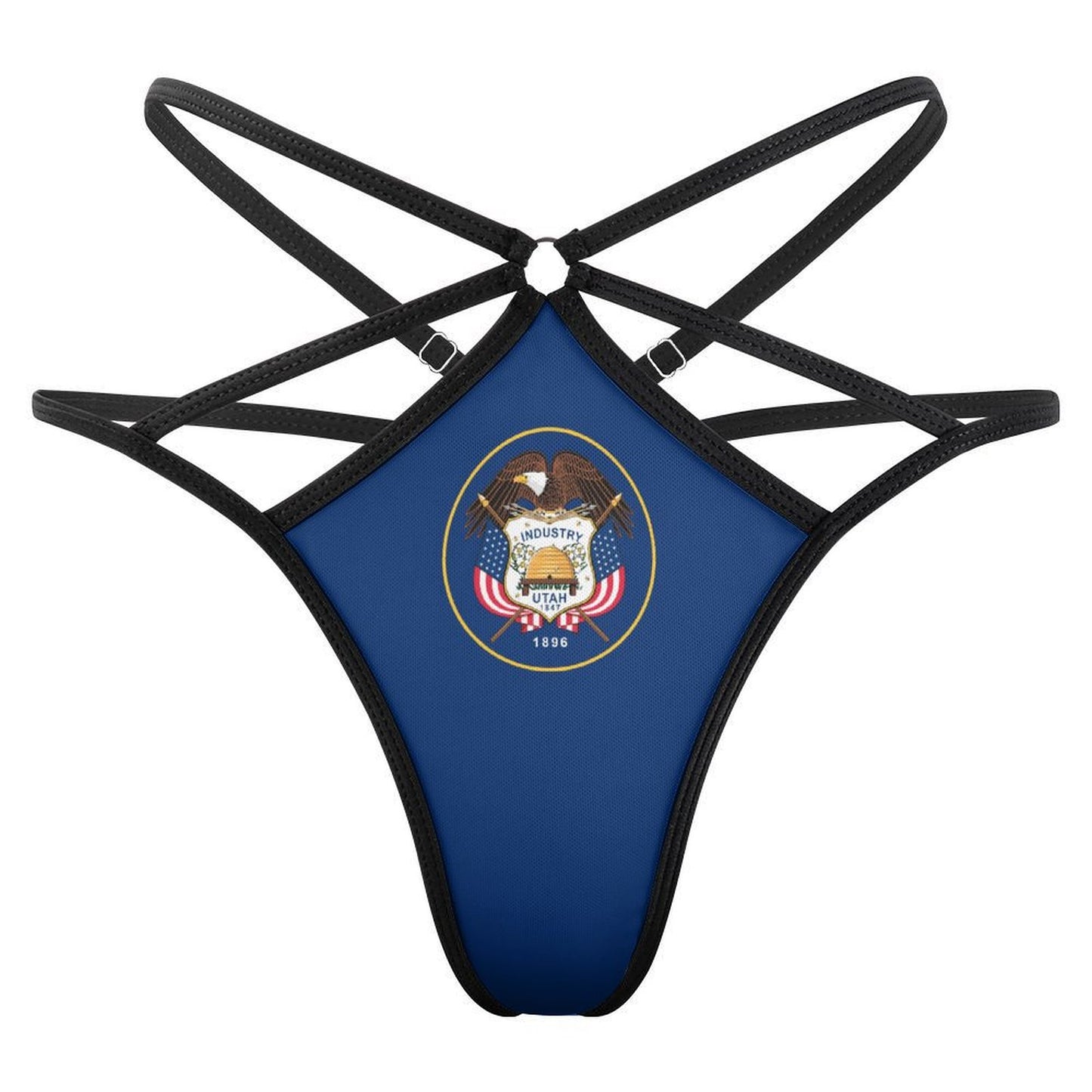 Black strappy thong with Utah flag design, [Brand].