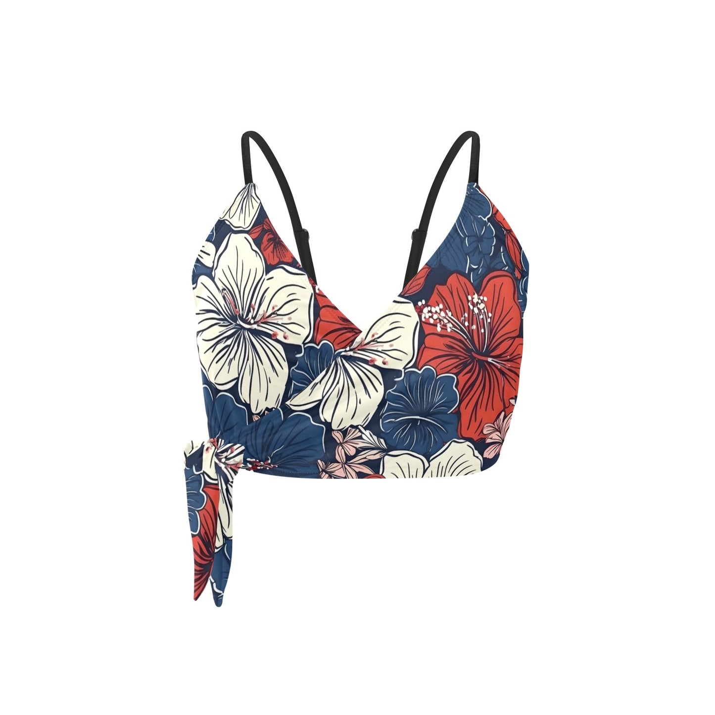 USA/American Flag Inspired Hawaiian Floral Pattern Knot Side Bikini Top