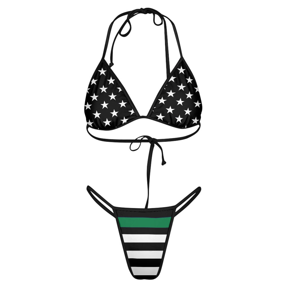 Thin Green Line Flag Inspired Women's Triangle Bikini with Thong Bottom