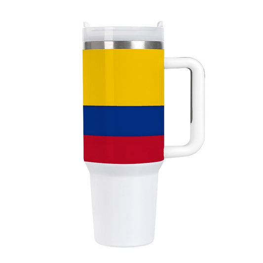 [Brand] travel mug with Colombian flag design, ergonomic handle.
