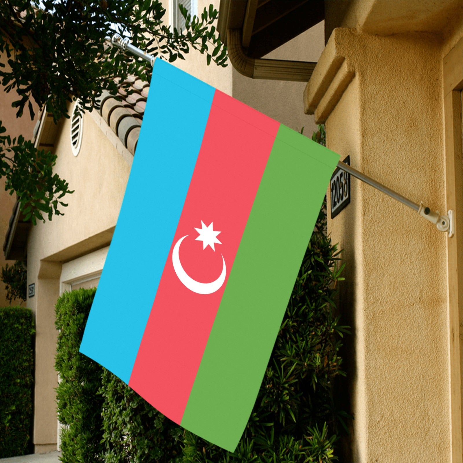 "Luv My Flag Azerbaijan flag displayed outside a house."