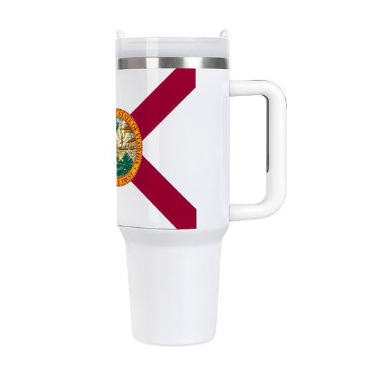 Brand white travel mug featuring Florida state flag design.