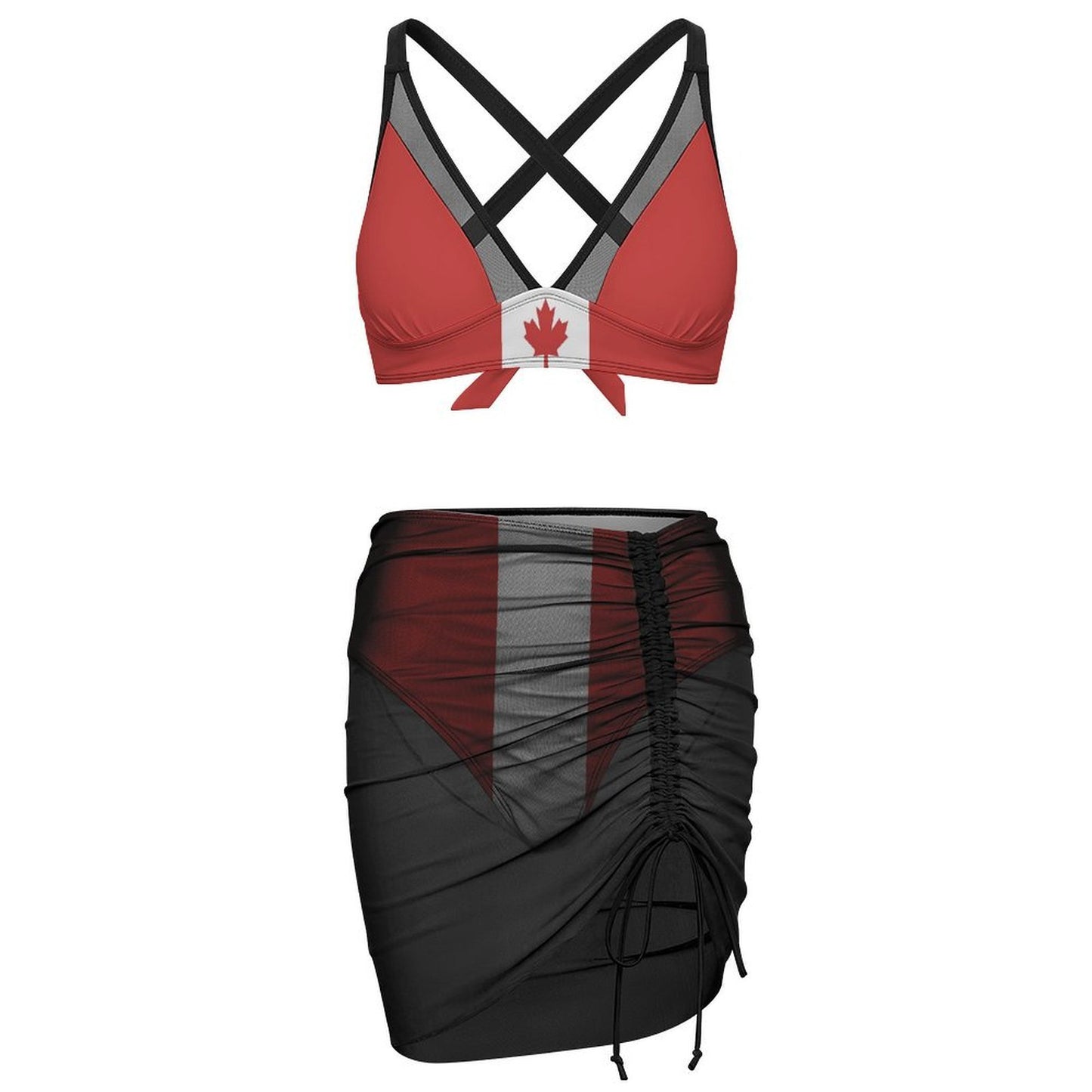 Canada Flag Inspired Women's Mesh Drawstring Skirt and Swimsuit Set