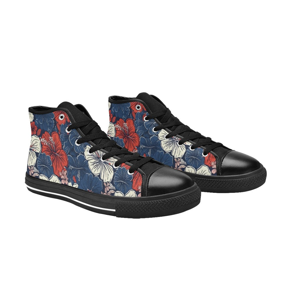 USA/American Flag Inspired Hawaiian Floral Pattern Kid's High Top Canvas Shoes
