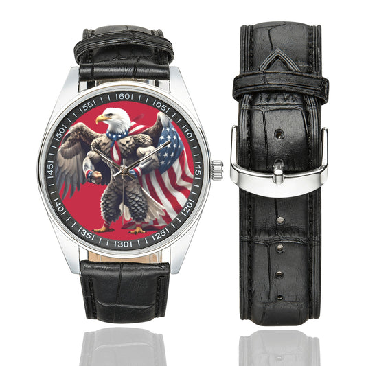 Bald Eagle American Flag Cape Men's Casual  Leather Strap Watch