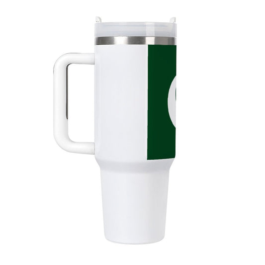 White tumbler with green design, sturdy handle, [Brand].