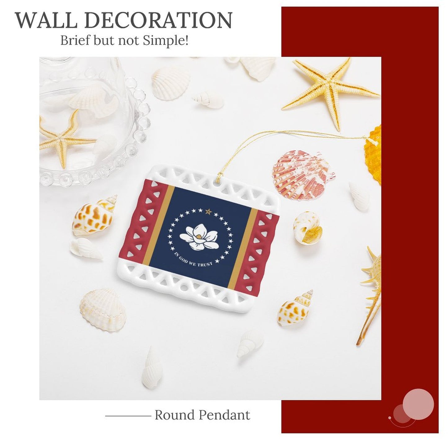 Mississippi Flag Inspired Square Ceramic Ornament Made in the USA