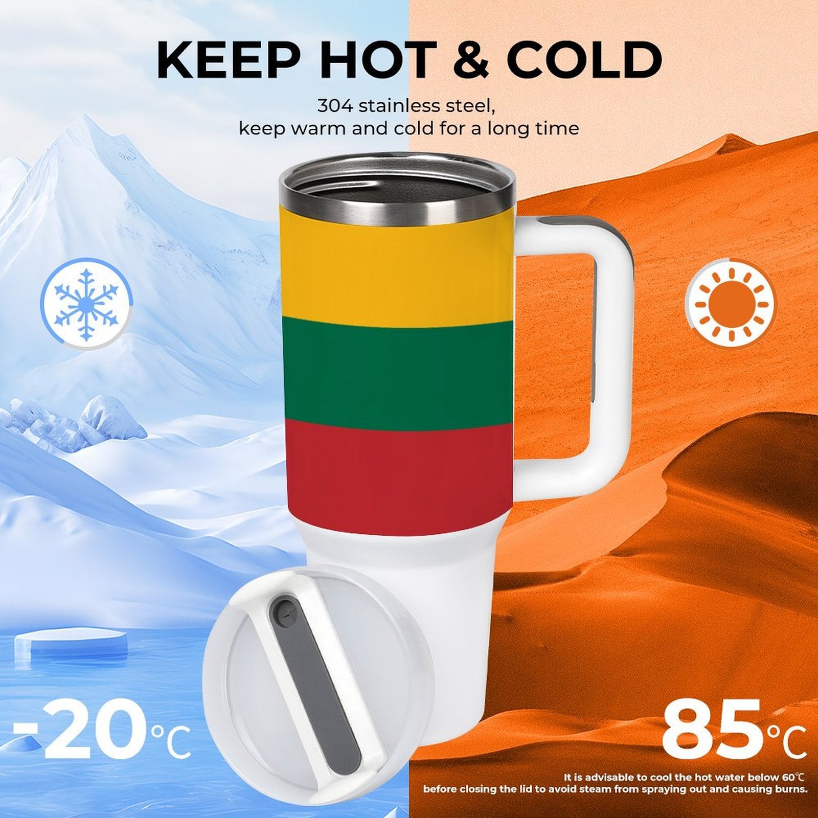 Insulated [Brand] travel mug for hot and cold drinks.
