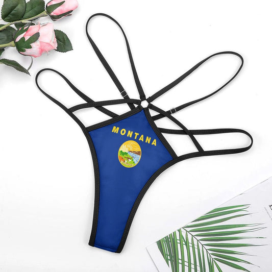 [Brand] blue thong with Montana emblem and pink roses.