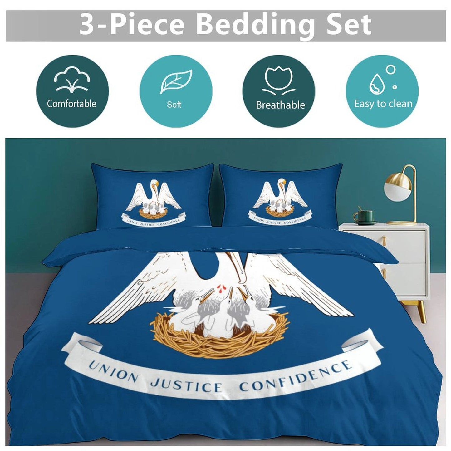 Louisiana Flag Inspired 3-Piece Bedding Set (1 Duvet Cover + 2 Pillow Shams) – 102"×90"