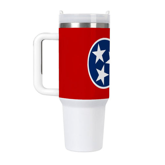 [Brand] travel mug with Tennessee flag design, white base.