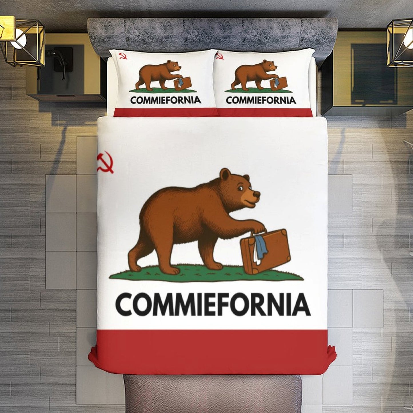 California Flag Inspired (COMMIEFORNIA) 3-Piece Bedding Set (1 Duvet Cover + 2 Pillow Shams) – 102"×90"