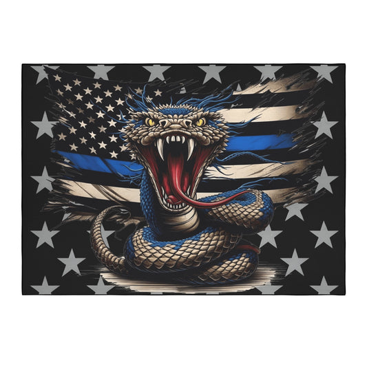Thin Blue Line Flag Inspired Snake 84x60 Inch Area Rug with Black Binding (Made in the USA)