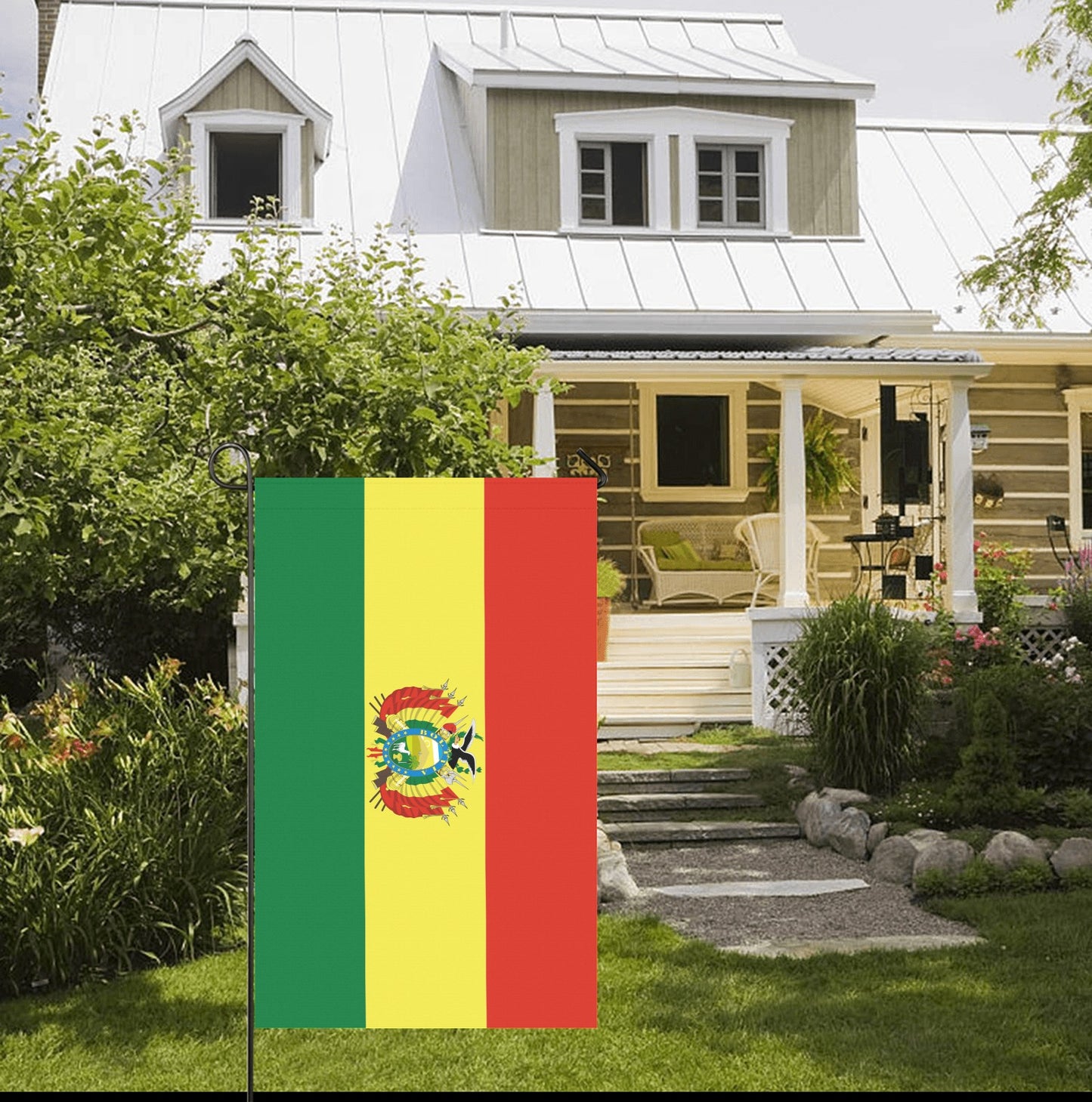 House with Luv My Flag, Bolivian colors, vibrant garden.