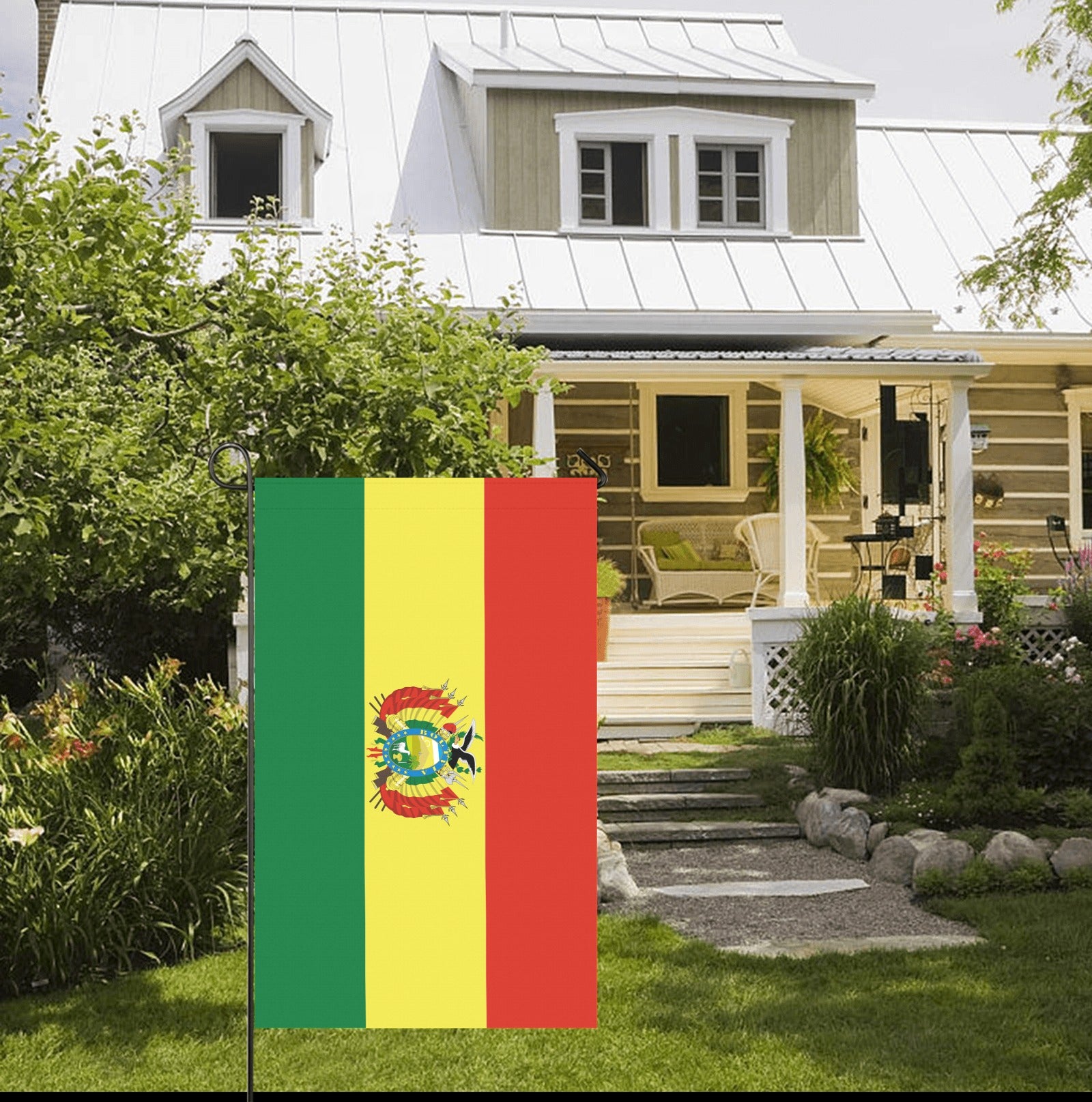 House with Luv My Flag, Bolivian colors, vibrant garden.