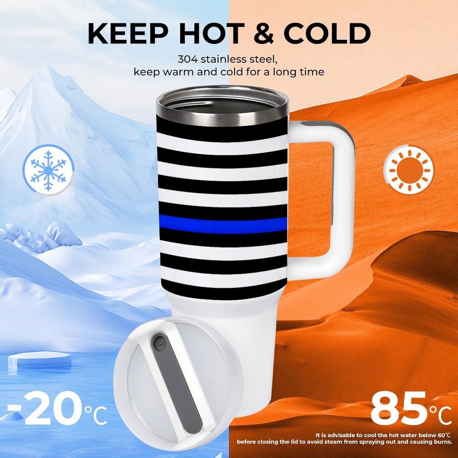[Brand] insulated mug with black stripes, icy mountain background.