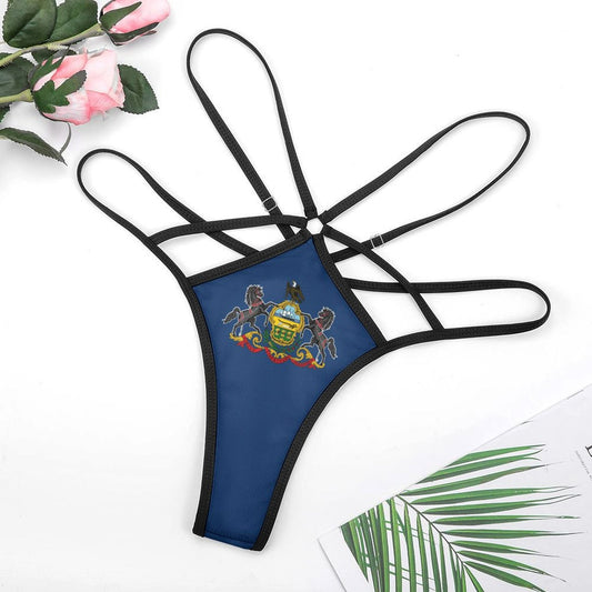 [Brand] blue strappy lingerie with Pennsylvania emblem, floral background.