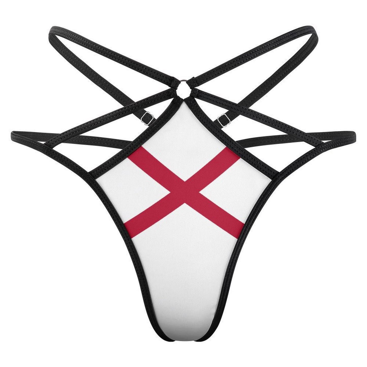 [Brand] strappy bikini bottom with red cross design, unique style.