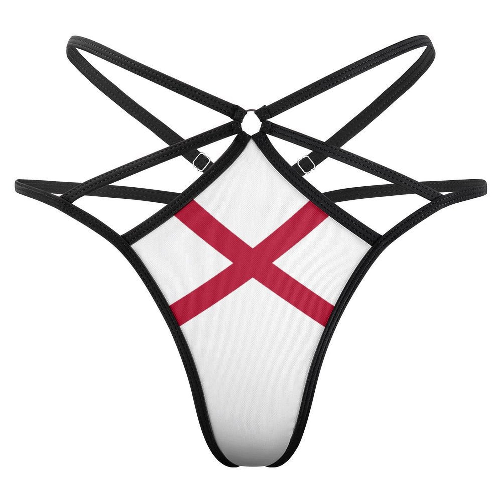 [Brand] strappy bikini bottom with red cross design, unique style.