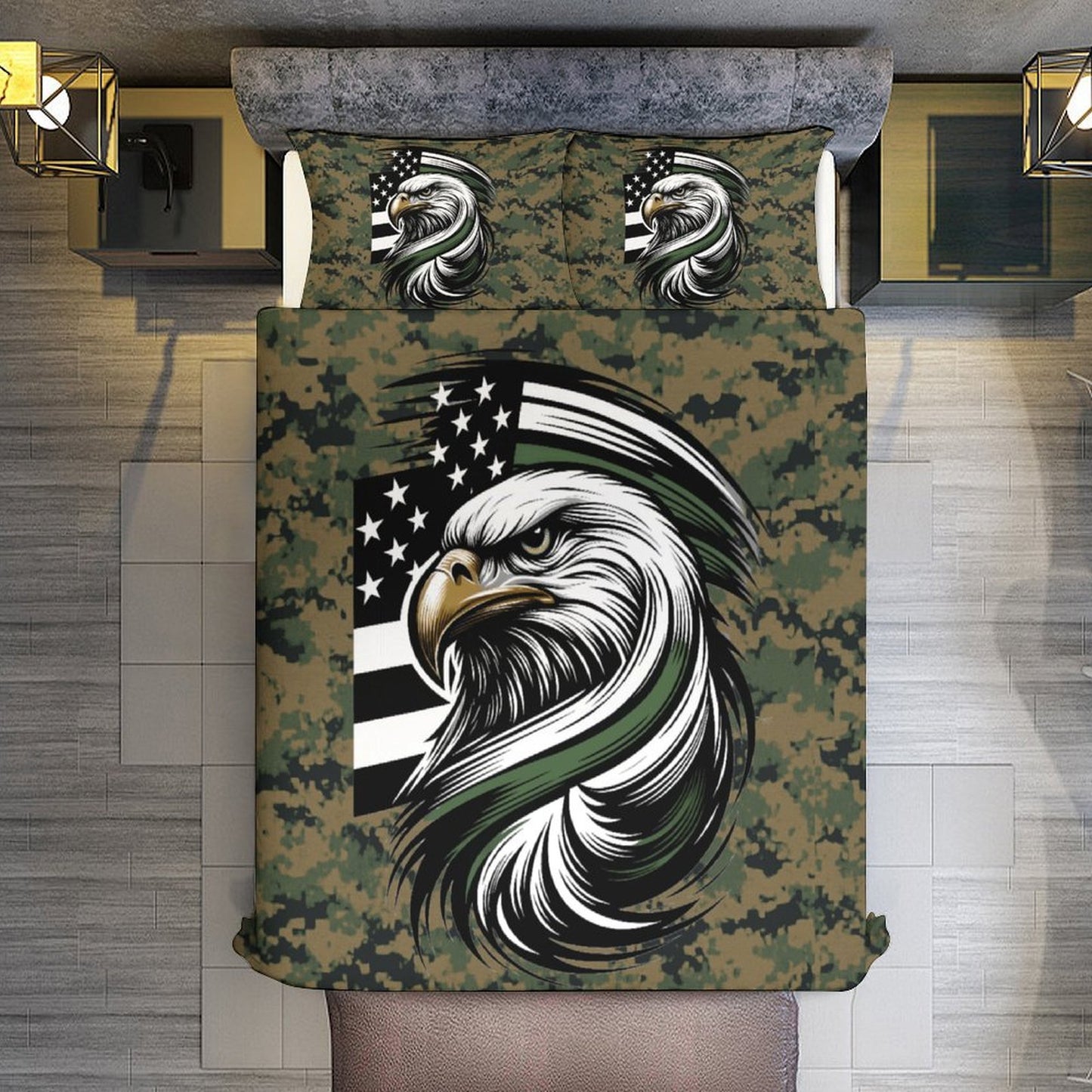Thin Green Line Flag Inspired Eagle On Digital Camo 3-Piece Bedding Set (1 Duvet Cover + 2 Pillow Shams) – 102"×90"