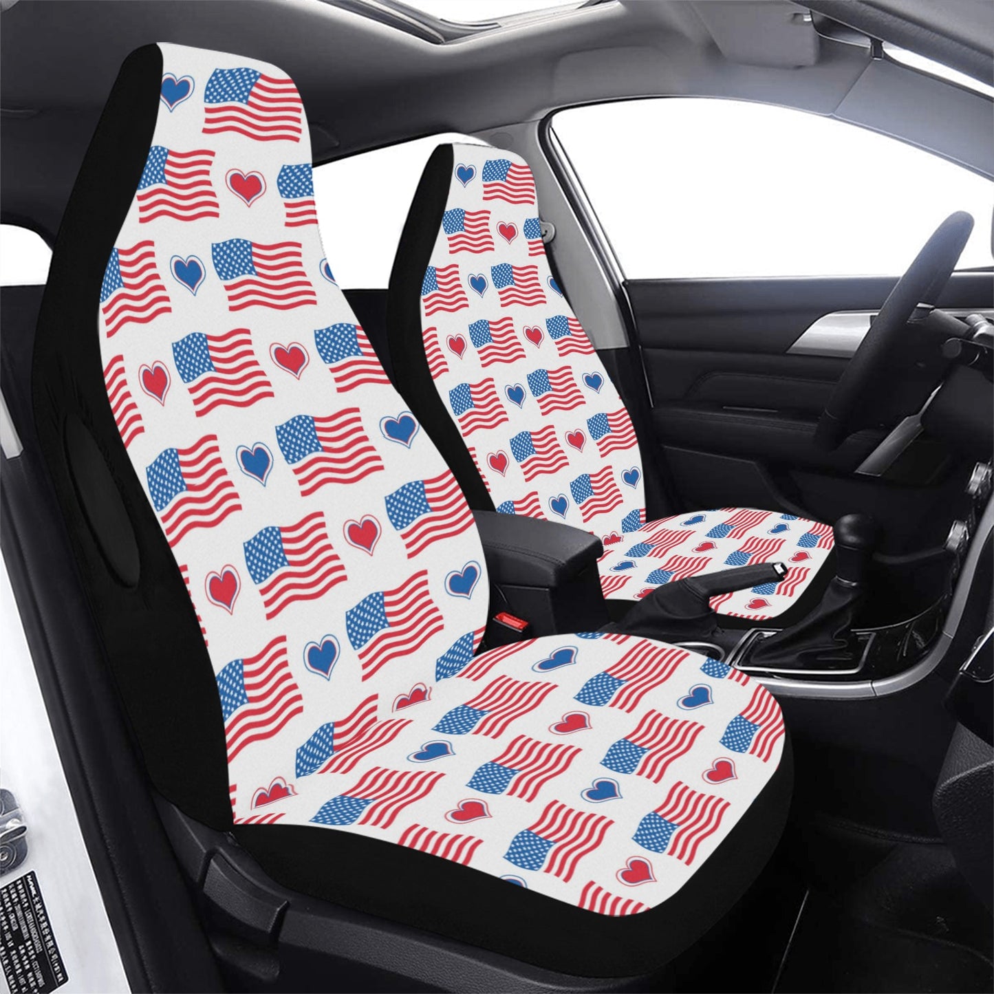 USA/American Flag Inspired Pattern with Hearts Car Seat Cover Airbag Compatible(Set of 2)
