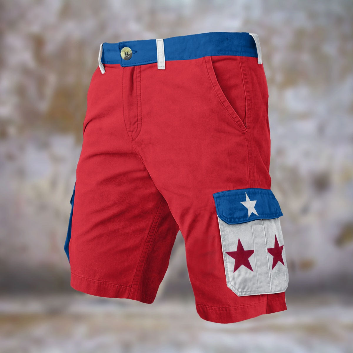 Red shorts with blue waistband, star pocket detailing. [Brand]