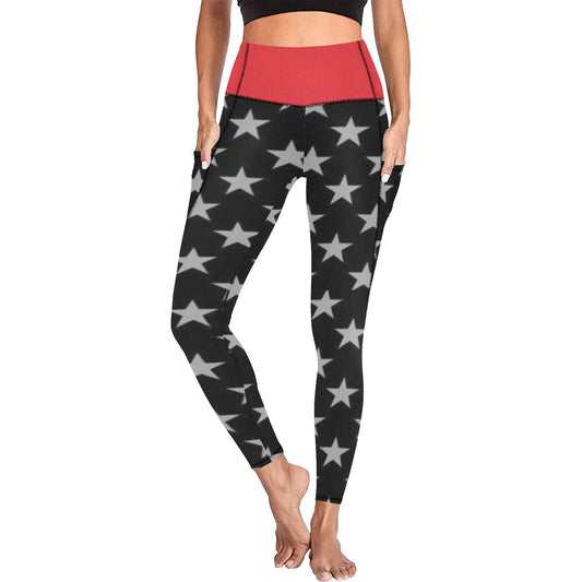 Thin Red Line Flag Inspired Women's High Waist Leggings with Pockets